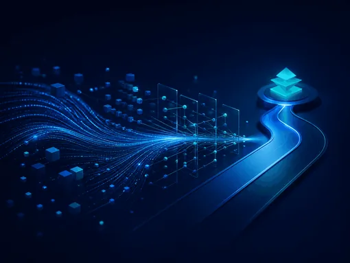 A stream of data particles flowing along a lit path towards stacked layers