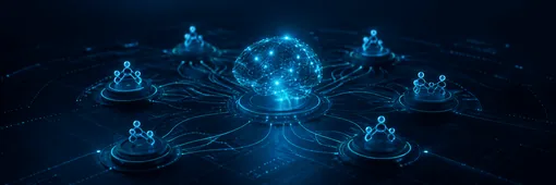 A glowing network sphere linked to six person icons arranged around it
