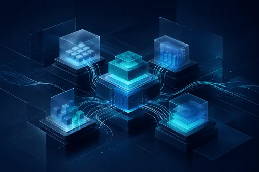 Glowing blue data blocks feeding a central cube, in an abstract isometric illustration